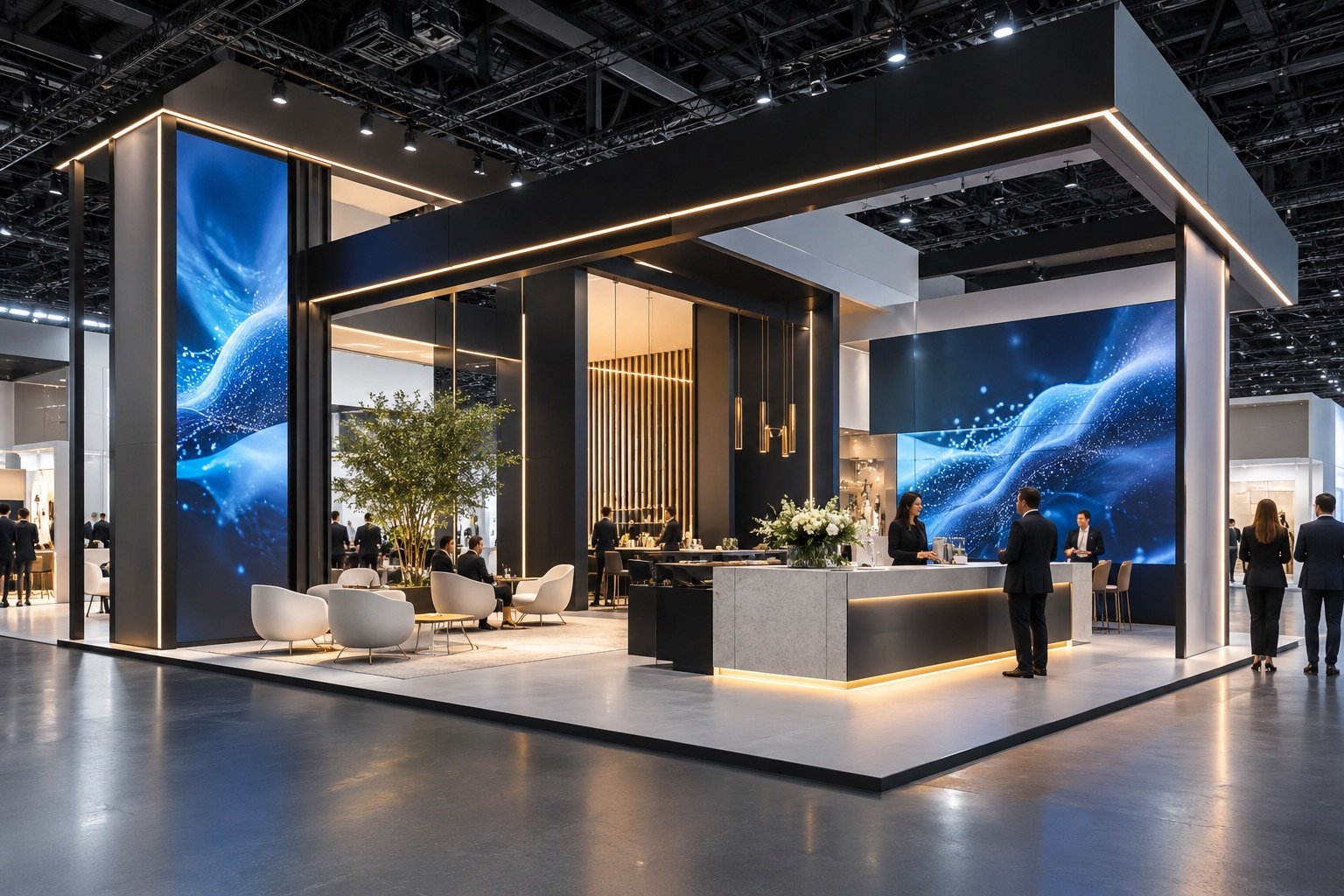 Illustrative modern exhibition booth with integrated lighting and LED displays