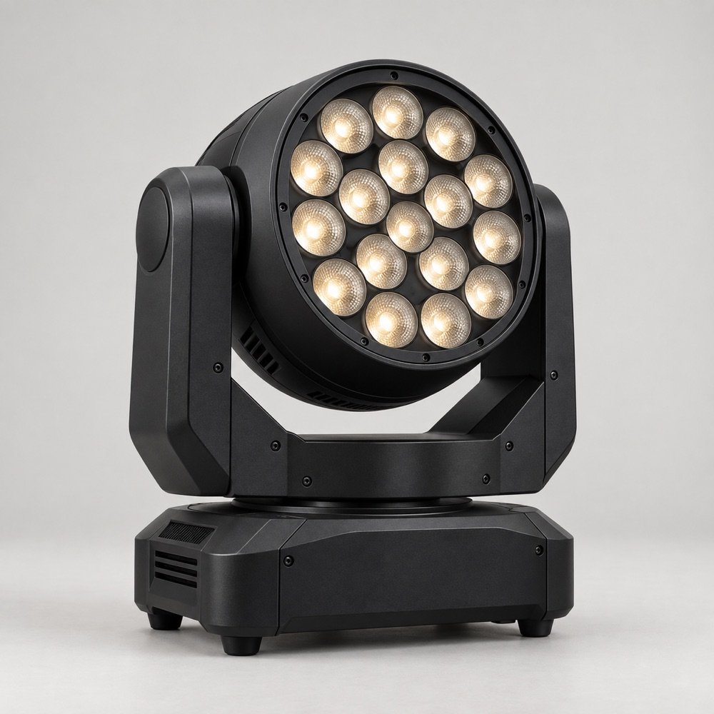 AI illustration of KZ-FY1915 19 × 15W Moving Head Wash; not an inventory photograph