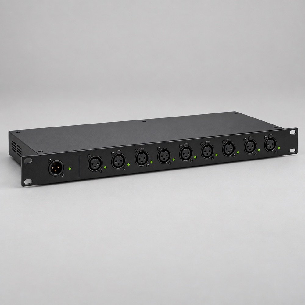 AI illustration of KZ-X512 8-Way DMX Signal Splitter; not an inventory photograph