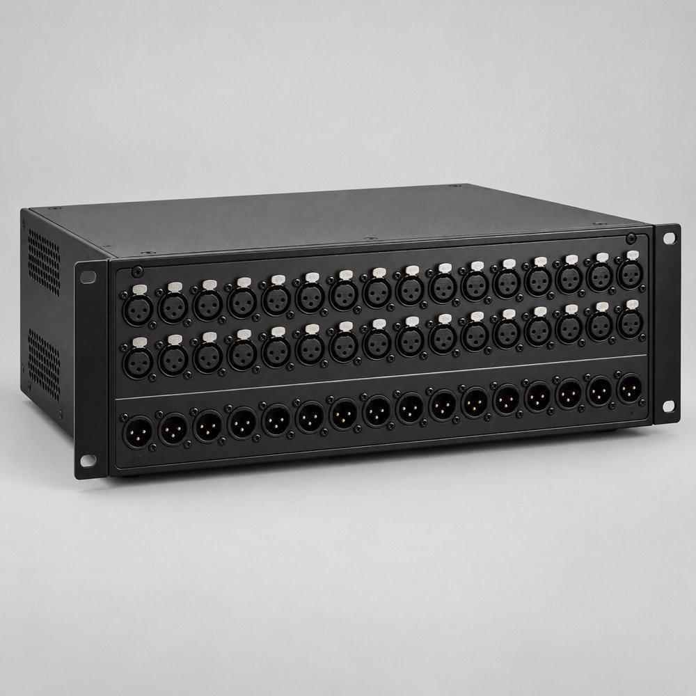 AI illustration of DL32 32-In / 16-Out Digital Stage Box; not an inventory photograph