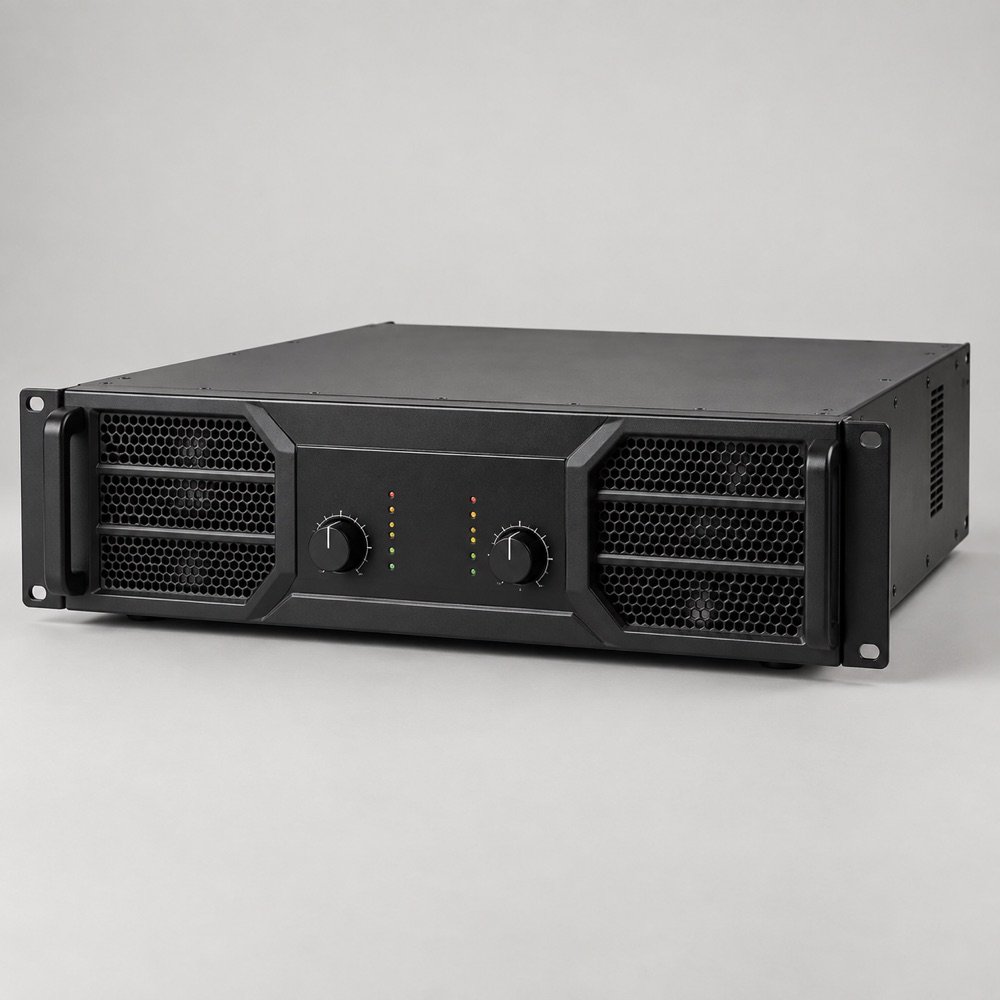 AI illustration of MS1500 2-Channel 1500W Amplifier; not an inventory photograph