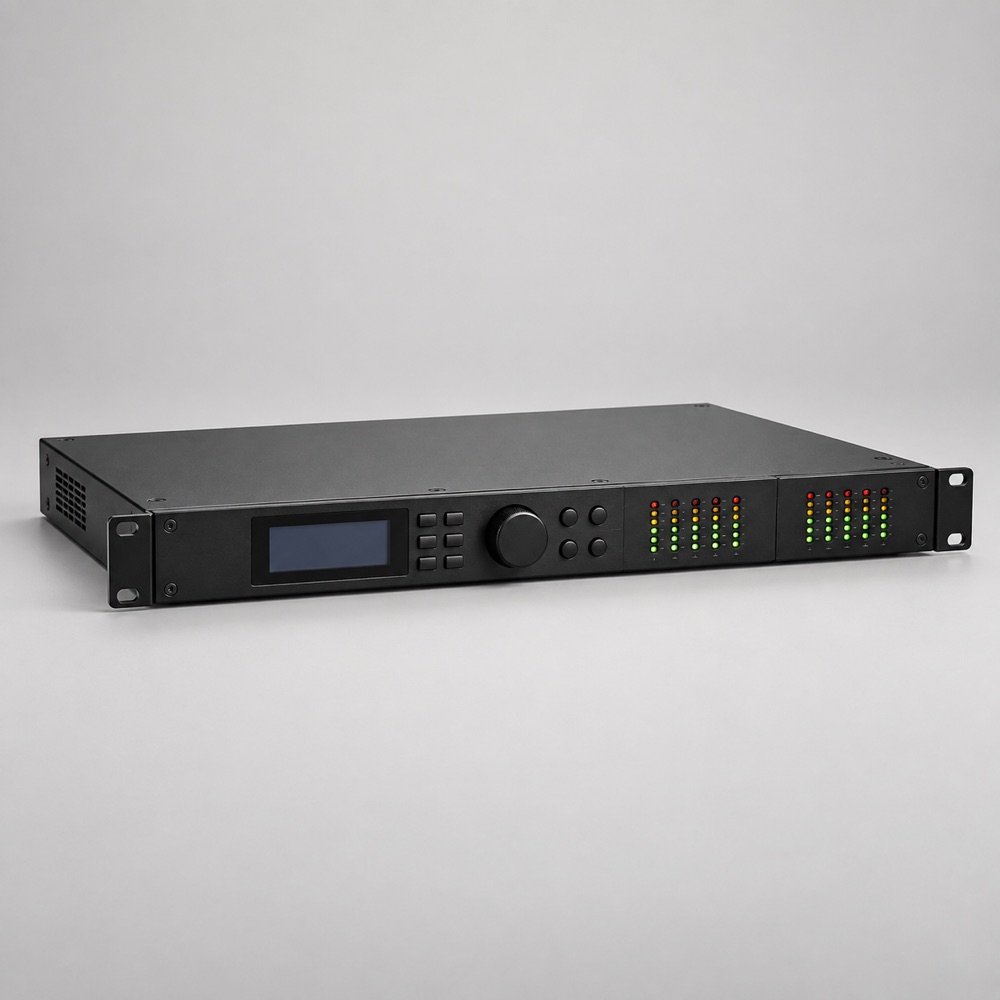 AI illustration of XCA48 4-In / 8-Out Digital Processor; not an inventory photograph